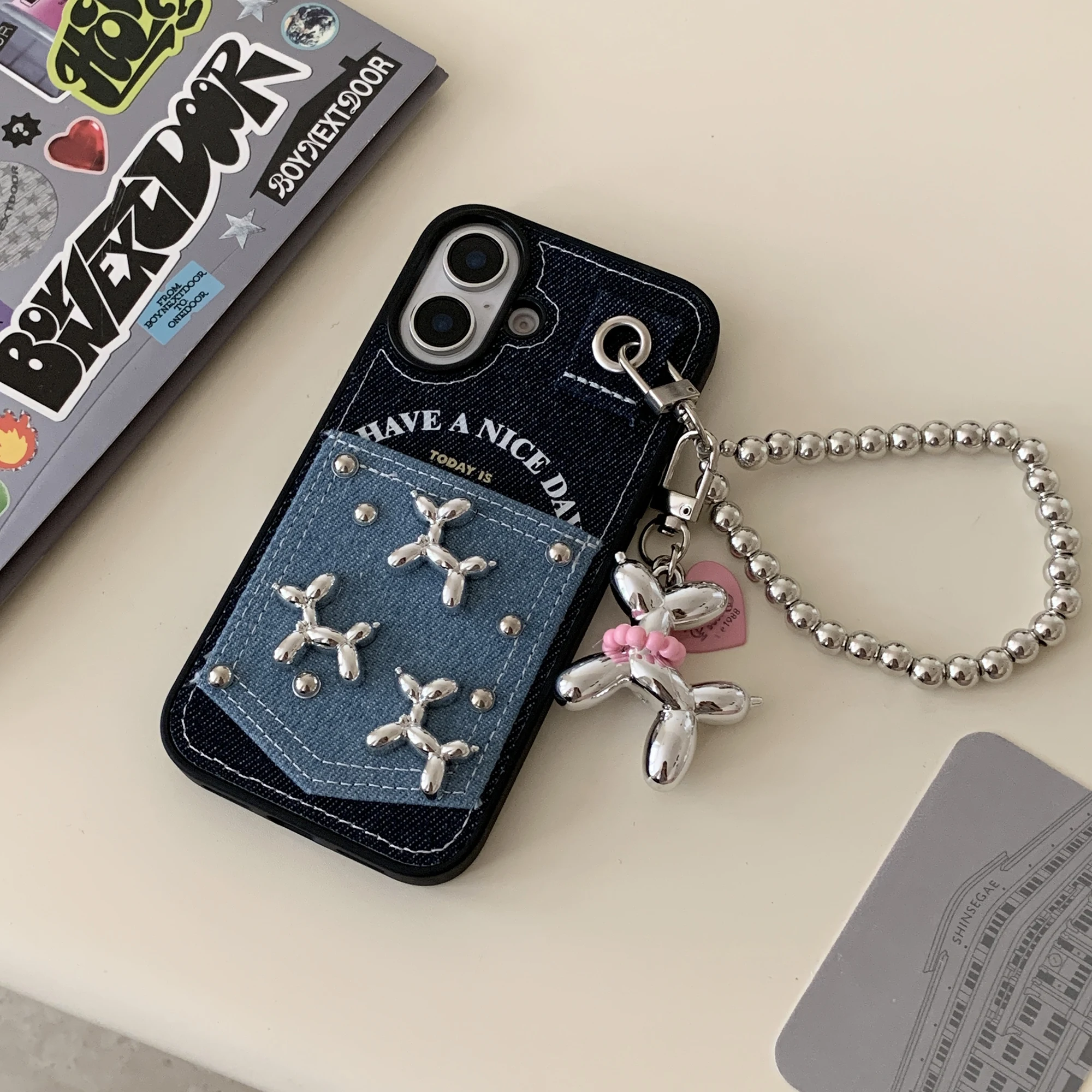 Cute Silver Balloon Dog Pocket Jean Fabric Phone Cover For iPhone 16 15 14 Pro Max 13Pro Denim Card Slot Purse Case With Widget