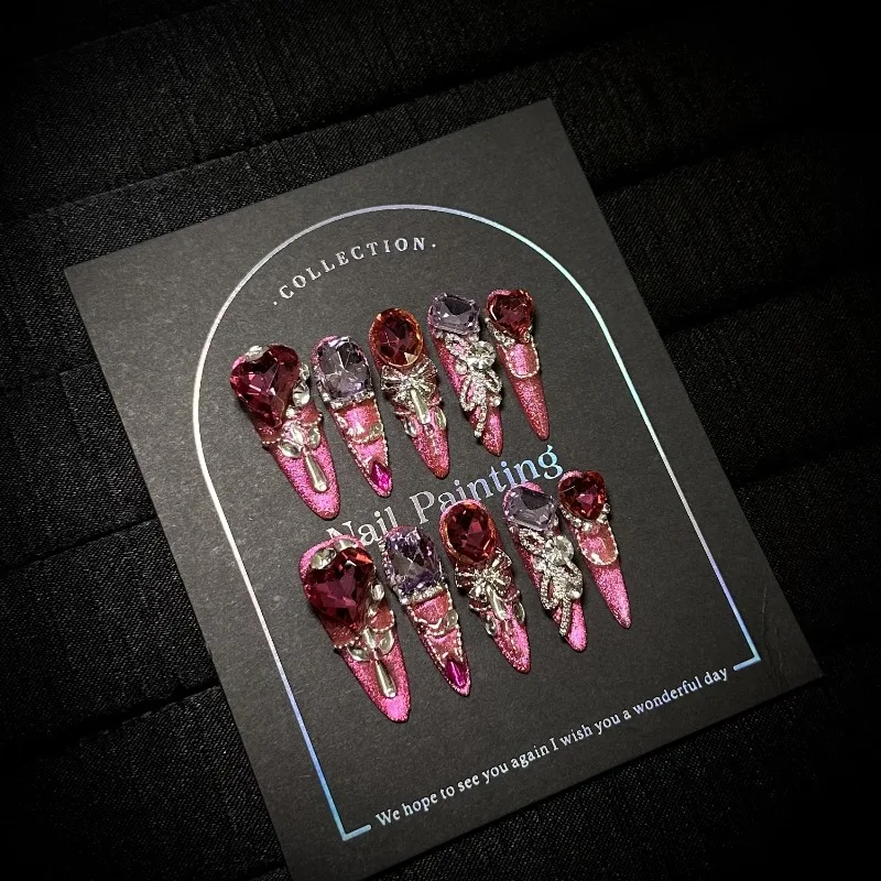 10 Stück 3D-Herzschleife, handgefertigt, zum Aufdrücken der Nägel, langes Stiletto, Schwarz, Weiß, mit Strassdetails, Punk, Y2K-Hot-Girl-Stil, künstliche Nägel