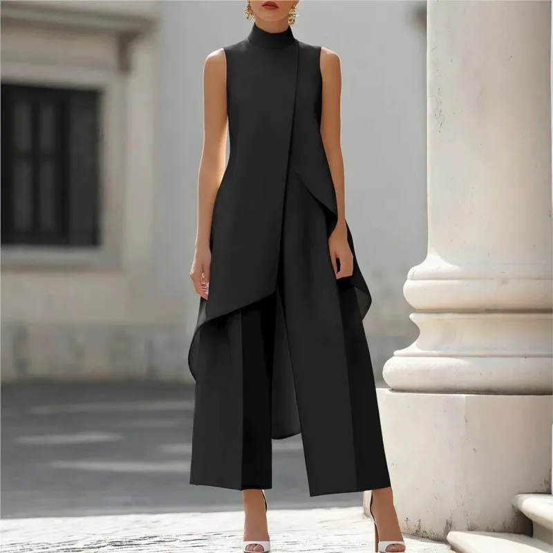 Elegant Women 2 Piece Set Sleeveless Stand Collar Split Irregular Long Top+Wide Leg Pant Casual Loose Summer Matching Set Outfit