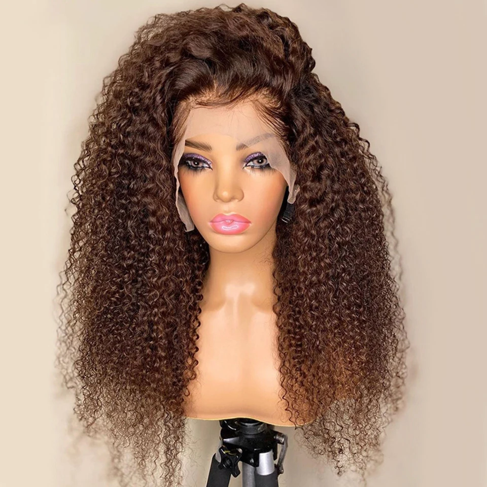 Long Dark Brown Kinky Curly Lace Front Wig para mulheres negras, cabelo macio do bebê, 180 Densidade, resistente ao calor, pré-arrancadas, 26"