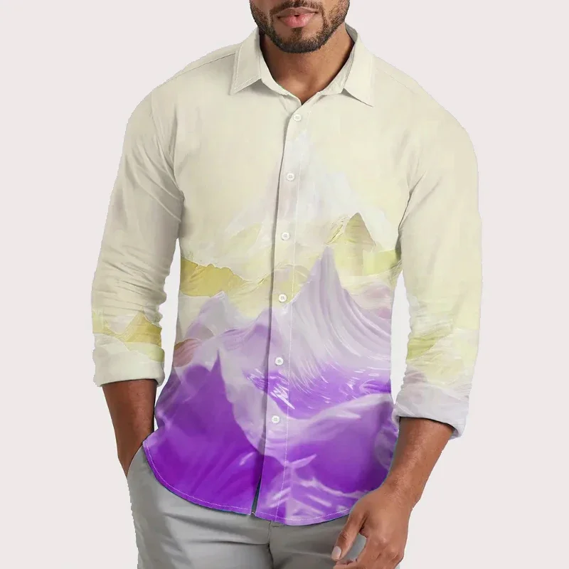 Camisa de manga larga con pintura de paisaje, cárdigan informal con botones de solapa y personalidad a la moda, XS-6XL de gran tamaño, novedad de 2024