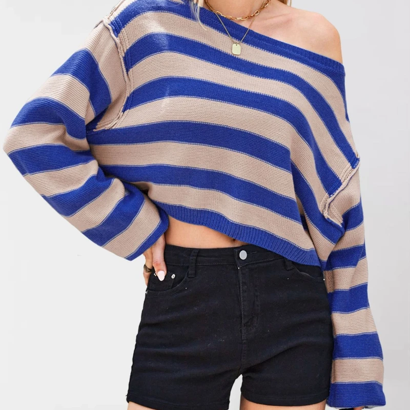 

Knitted Sweater with Loose Stripes New Fashionable and Casual Style Pullover Sweater