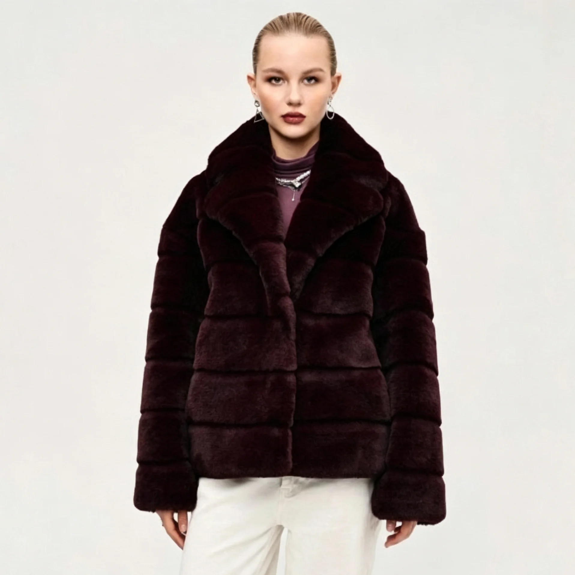 IG 2026 Women Faux Fur Short Coat Long Sleeve Horizontal Striped Plush Warm Outerwear Autumn Winter Overcoat