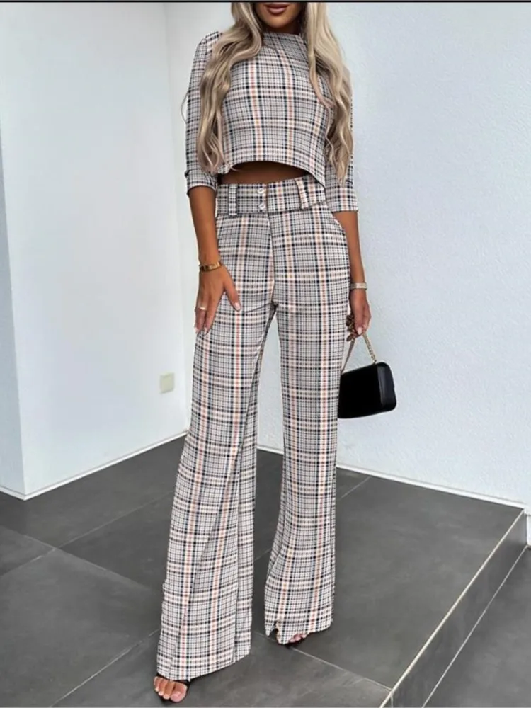 Fashion Commuting Two Piece Set Women Printed Cropped Top Pant Sets Casual Office Ladies Suits Streetwear 2024 Spring Summer New