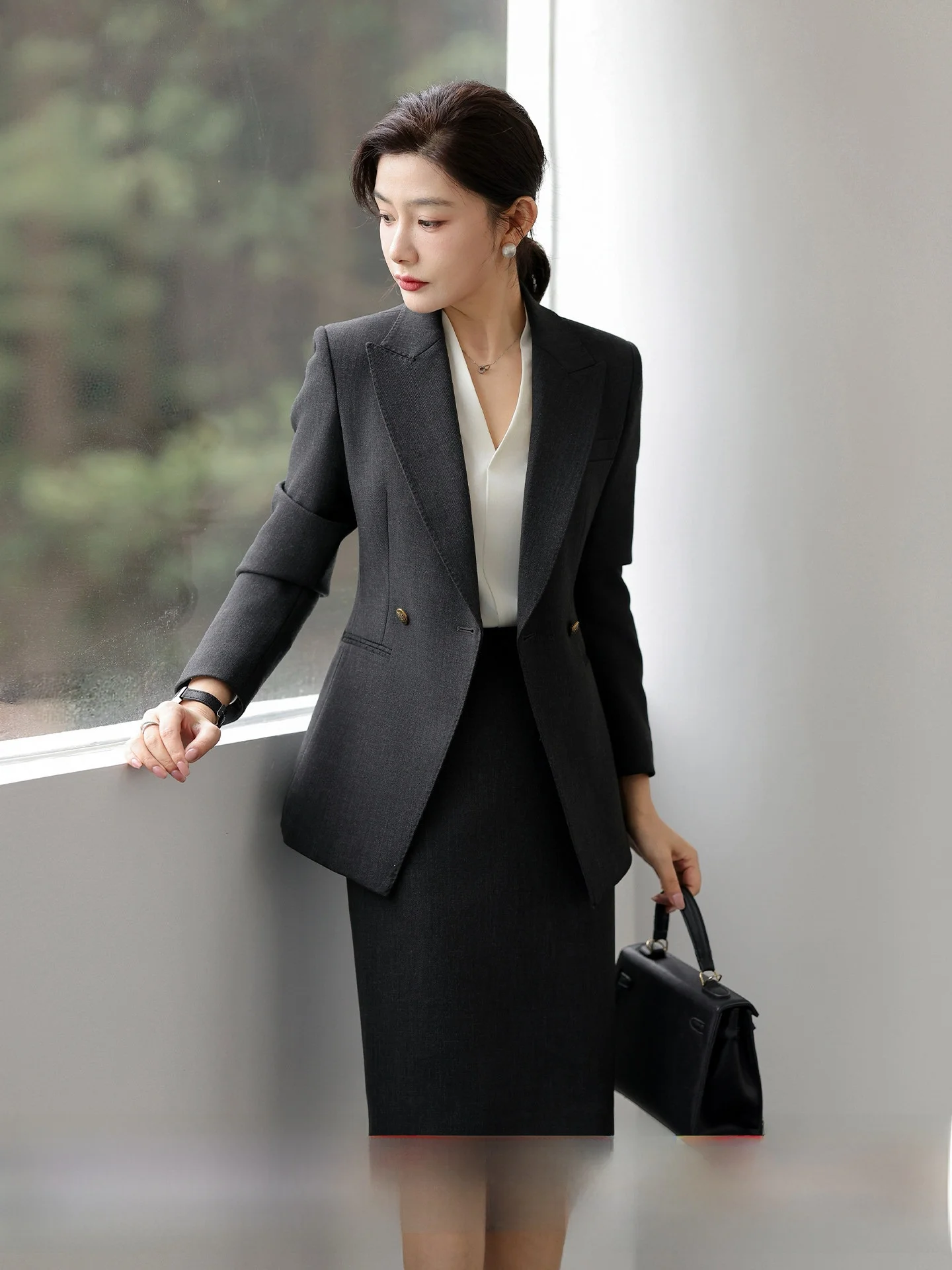 Business Professional Women's Black Grey Suit Set Skirt OL Style Career Conference Half-length Formal Wool Blend Dress