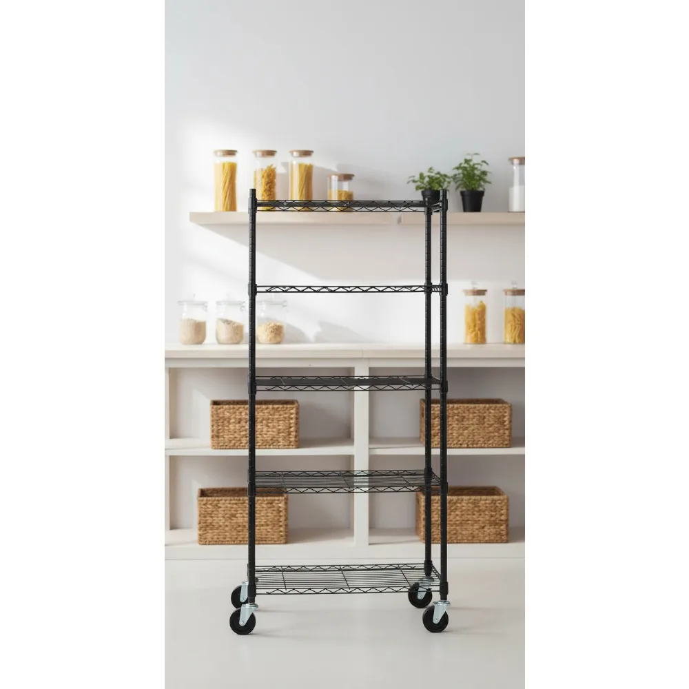 

Heavy Duty 5-Shelf Adjustable Storage Rack with Wheels, Metal Wire Shelving Unit for Garage Kitchen Organizer
