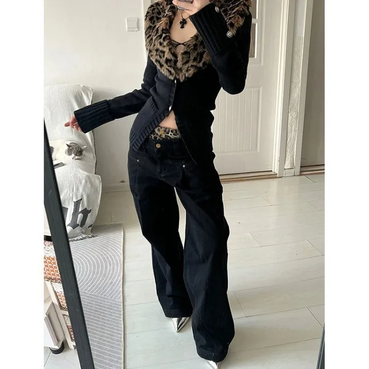 Detachable Leopard Print Fur Collar Tops Mujer Autumn Winter New Slim Fit Sweaters Black Long Sleeve Cardigan Women