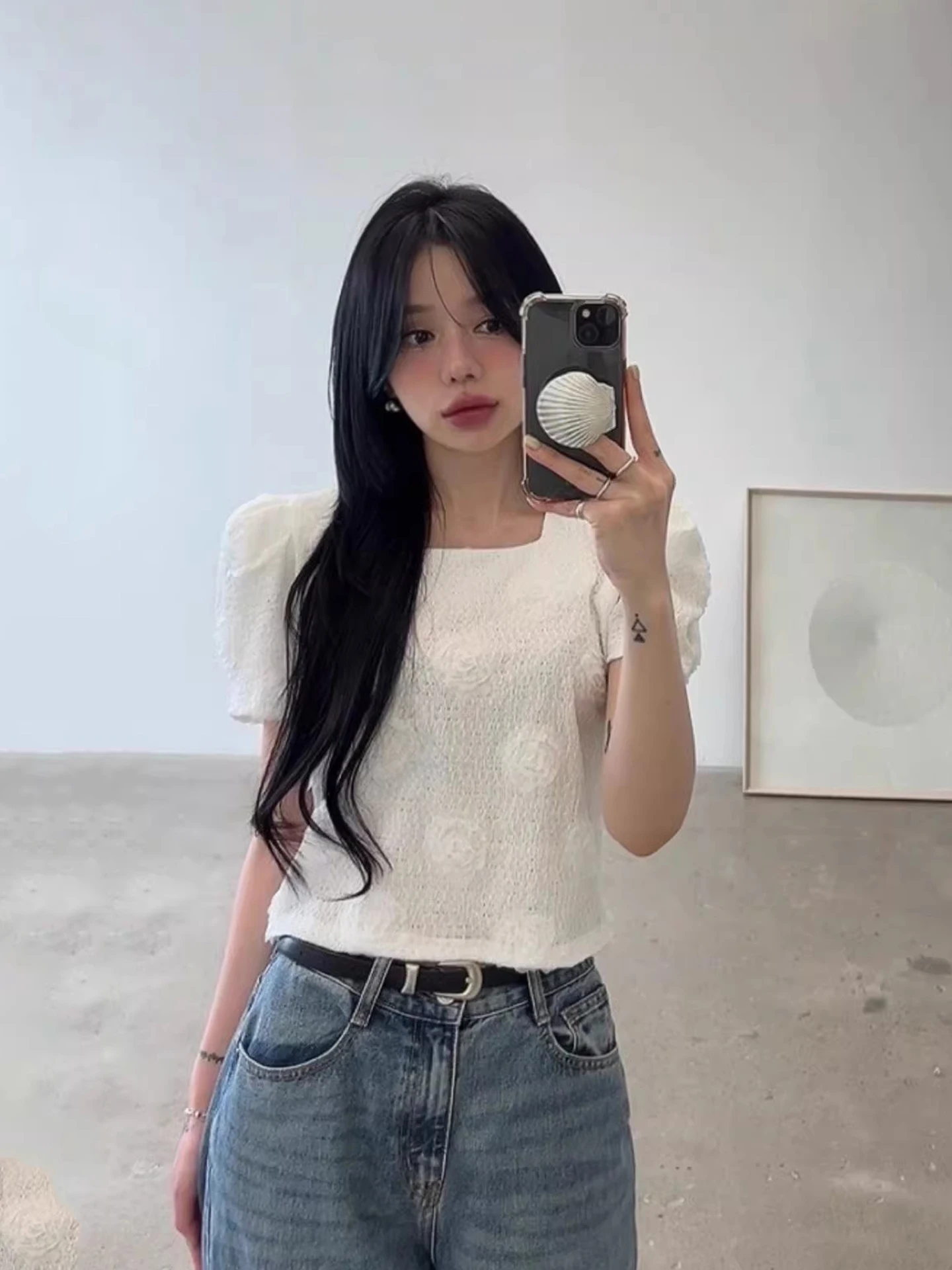 

Liangliang Summer New Style Short Shirt Women's Fashionable Floral Craft Bubble Sleeve Square Collar Top Korean Version Polye...