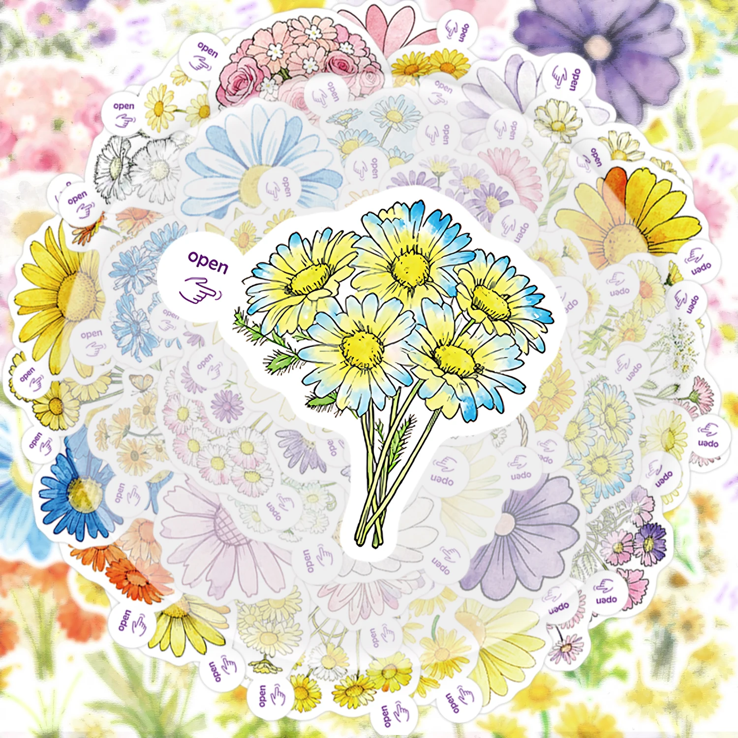 50 Aquarell-Gänseblümchen-Blumen-Graffiti-Aufkleber, lebendige Aufkleber, geeignet für Wasserflaschen, Laptops, Mobiltelefone, Koffer, Skateboards, Gitarren, Partydekorationen