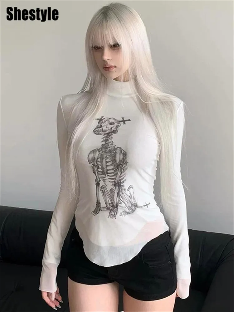 Shestyle Skull Dog Print White T-Shirt Women Gothic Asymmetical Full Sleeve Mesh Elegant Sexy Hot Girt Top for Spring Tees