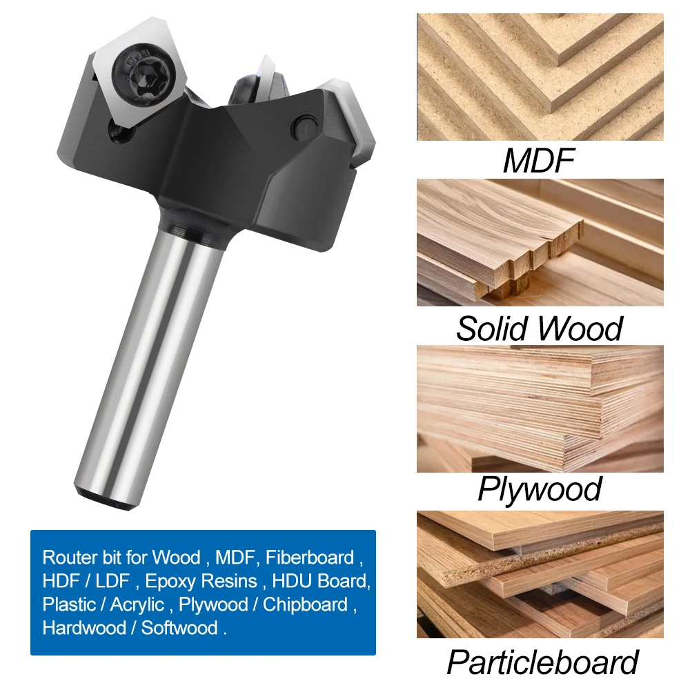 XCAN 1pc 6.35 8mm Shank CNC Surfacing Router Bit Insert-Style Spoilboard Face End Milling Cutter Carbide Planer Bit For Wood