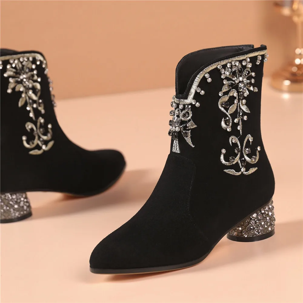 MILI-MIYA Fashion Ethnic Style Women Kid Suede Ankle Boots Crystal Zippers Round Heels Plus Size 34-43 Solid Color Handmade