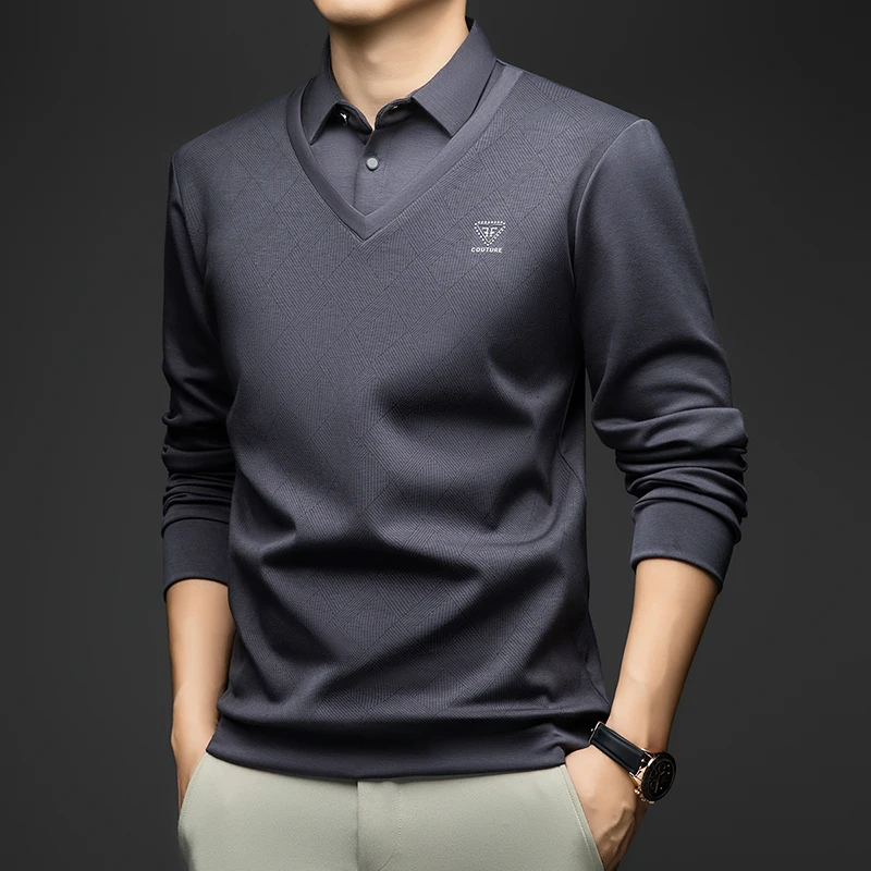 2025 الربيع والخريف منتصف العمر الرجال طوق بأكمام طويلة تي شيرت أبي فضفاض وهمية قطعتين منتصف العمر رقيقة رداء علوي غير رسمي الرجال #6