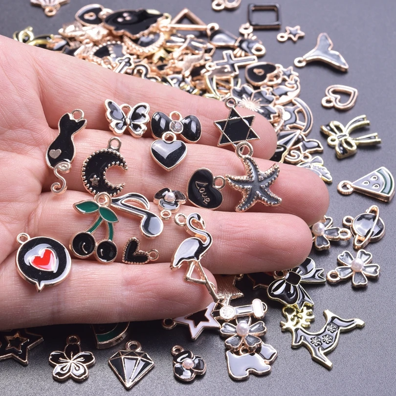 Mixed Black Enamel Charm Animal Moon Cat Mulitstyle Alloy Pendant Charm For Jewelry Making DIY Craft Bracelets Earring Material