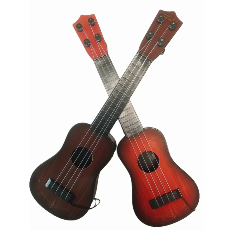 Miniatur-Ukulele-Kinder gitarre aus Holzmaserung mit vier Saiten und einem Pick zum frühen Lernen von Musik instrumenten