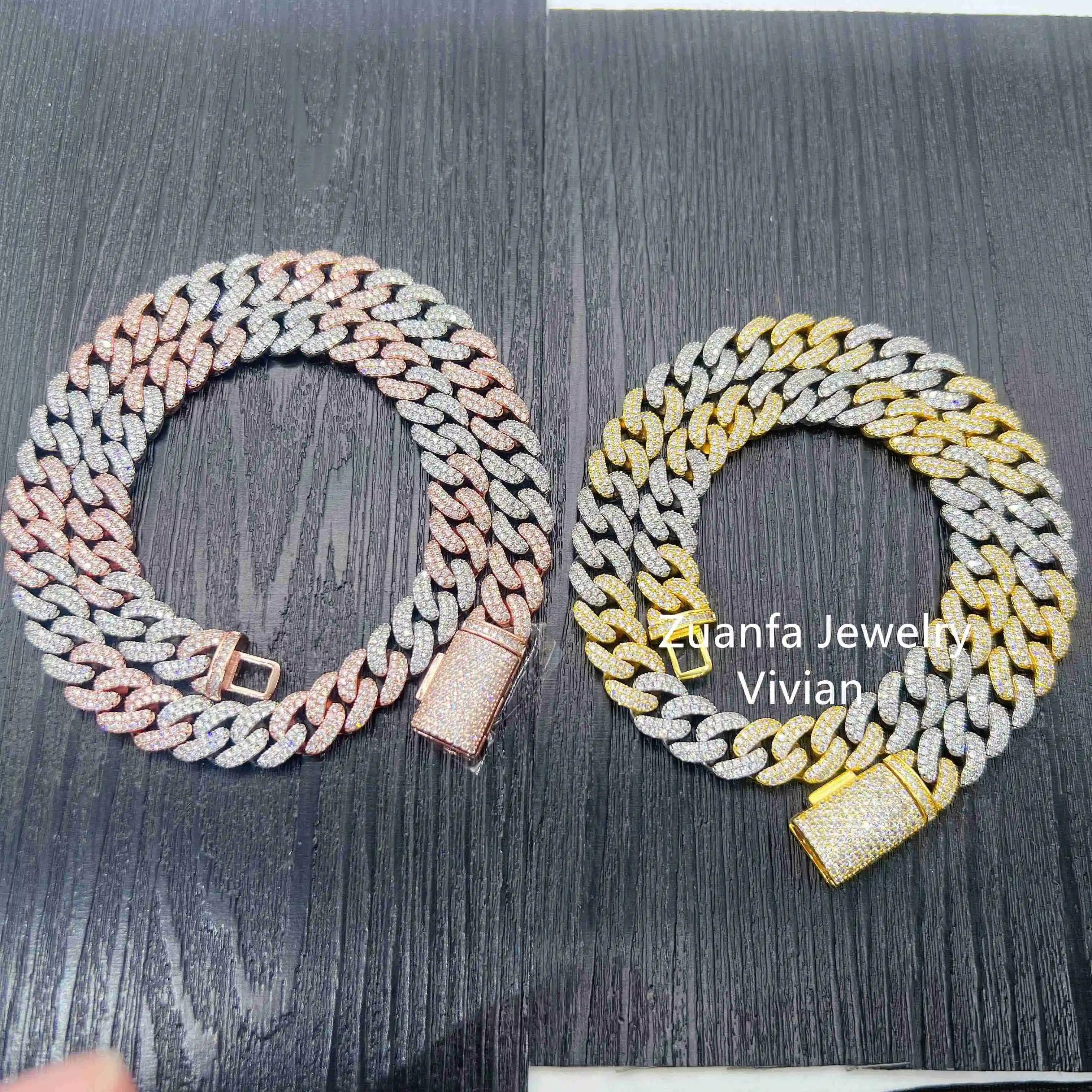 

Two Tone Color Miami Cuban Link Chain Sterling Silver 925 Vvs Moissanite Diamond Iced Out Hip Hop Chain Necklace