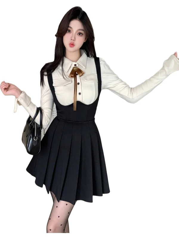 Autunno New Sle College Campus Dr Set da donna plus Size Fat MM Long Sve Netie irt + Salopette Gonna Faionable Ensemble