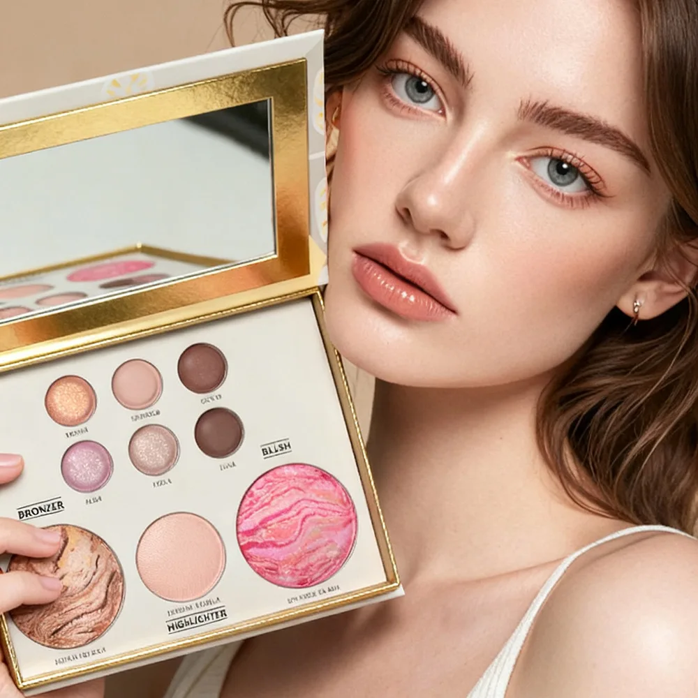 Paleta de maquiagem multifuncional com sombra para olhos, contorno, blush, iluminador e brilho de pálpebras em um; Maquiagem versátil