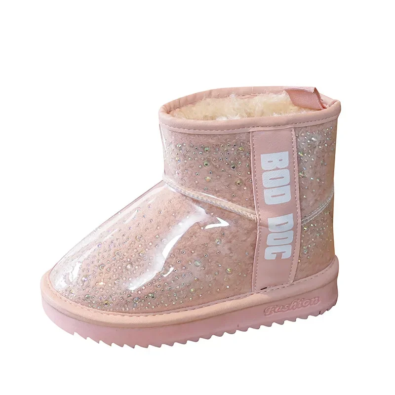 Ботинки/2018т ngaе Chaussures pour enfants Bottes d'hiver chaudes en coton et peluche Antidérapantes Mode Transparent Glitter Bottes de neige Baskets décontractées pour filles