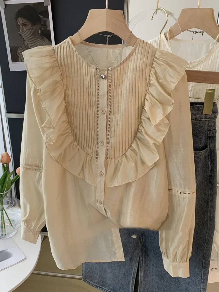 Blouse for Women Pleated Ruffled White Shirts 2024 Blusas Mujer De Moda O-neck Long Sleeve Sweet Tops Summer Thin Blouses