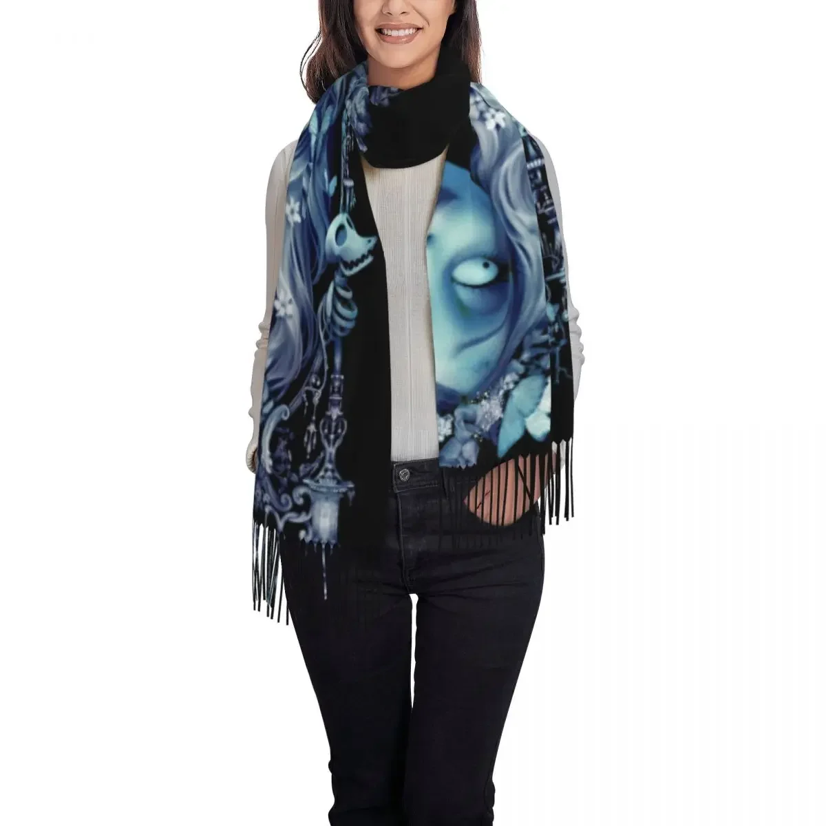 Wedding In The Night Corpse Bride Scarf Wrap dla kobiet Długi zimowy ciepły szal z frędzlami Ghost Film Tim Burton Szaliki szkieletowe