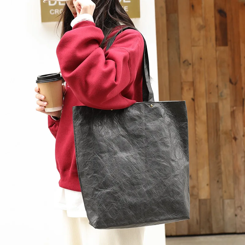 Ladies Kraft Paper Bucket Bag Female 2 Piece Set Handbag Women Simple Design Shoulder Bag Girls Eco Books Bag and Casual Totes