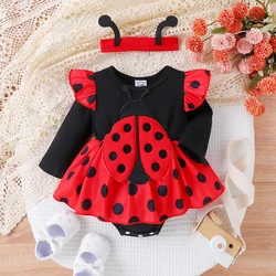 PatPat 2pcs Baby Girls Childlike Polka Dot Ladybug Romper Set