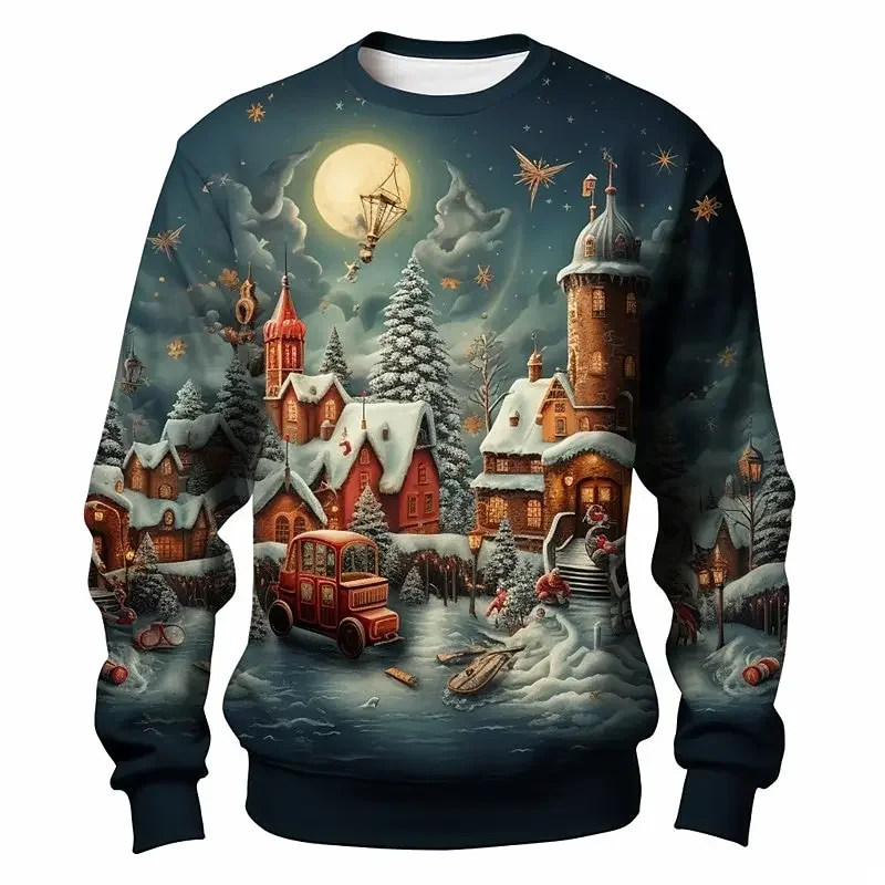 Funny Christmas Men's Sweatshirts Pullover Merry Castle Graphic Cool Print Long Sleeves Hoodies Oversized Men Clothing Tops New