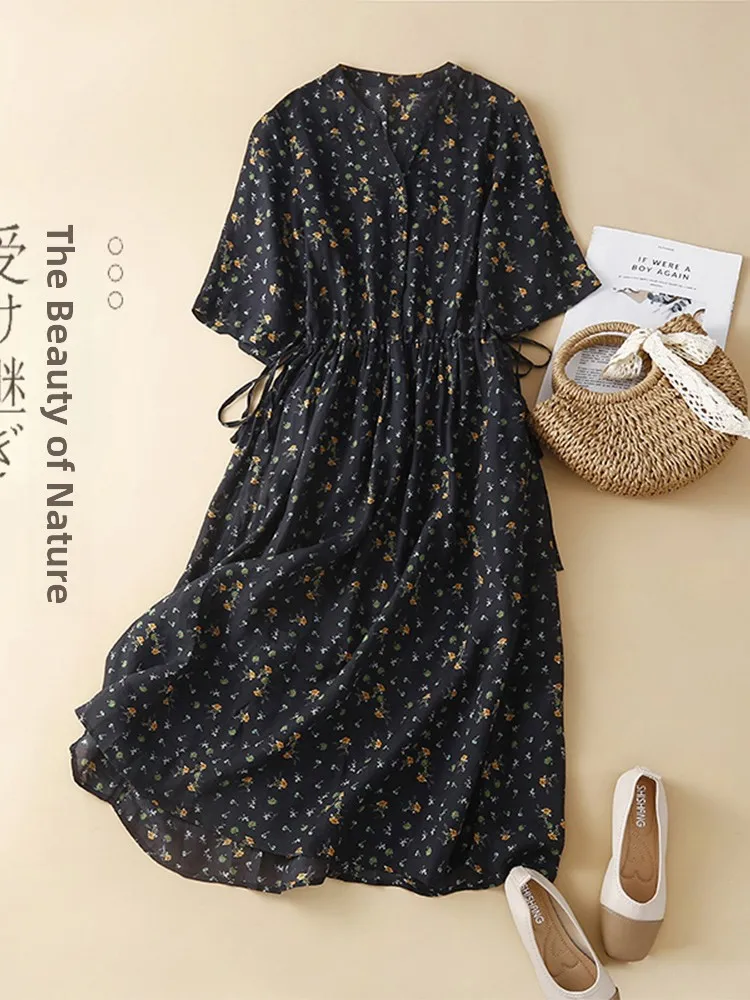 スリムフィット Vネック コットンリネン レディース Aラインスカート または Sve ミドル丈ガウン 花柄プリント 快適なゆったりウエスト