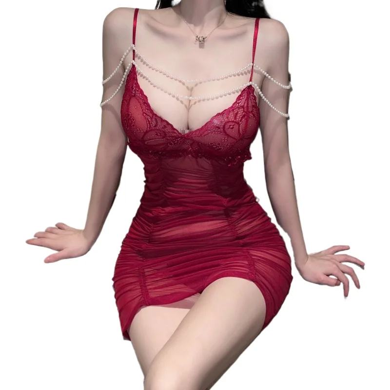 

Sexy Hollow Bead Chain Pleated Milk Mesh Nightdress Pure Lace Pearl Hip Dress Cw57254