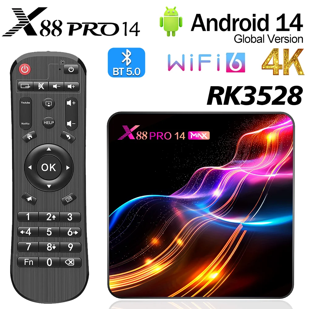 X88 Pro 14 Max Android 14.0 Smart TV Box RK3528 2.4G/5G WIFI6 4GB 32GB 64G 4K HD Reproductor Multimedia USB3.0 BT5.0 H.265 Set Top Box