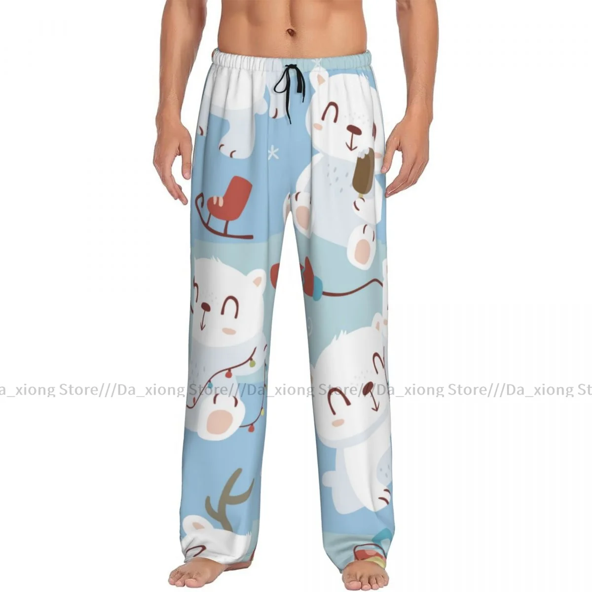 Mens Casual Pajama Long Pant Loose Elastic Waistband Cartoon Polar Bear Cozy Sleepwear Home Lounge Pants