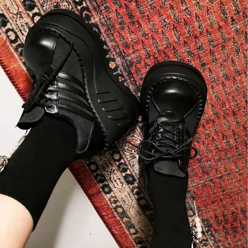 2024 Spring and Summer New Retro Big round Head Punk Platform Muffin Lace-up Female Elevator Shoes