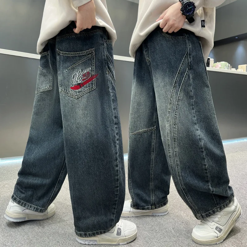 Teenage Boys Vintage Blue Baggy Curved Jeans for Kids Fashion Casual Wide Leg Denim Pants Children Loose Jeans Trousers 4-14Y