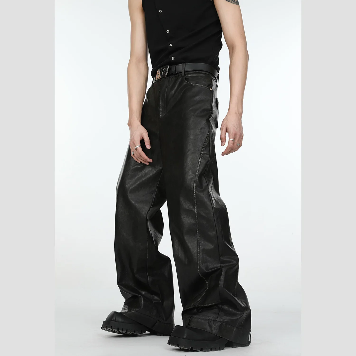 

Retro 2025 Men's Casual Loose Straight Leg Black Leather Pants Old Fashioned Dragging Trousers Three Dimensional Deconstruction