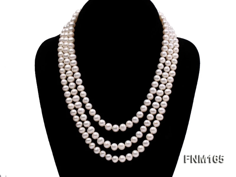 Terisa Pearl Jewelry 3 strand 7-8mm White Round Freshwater Pearl Necklace with Sterling Sliver Clasp for Women Gift T-FNM165