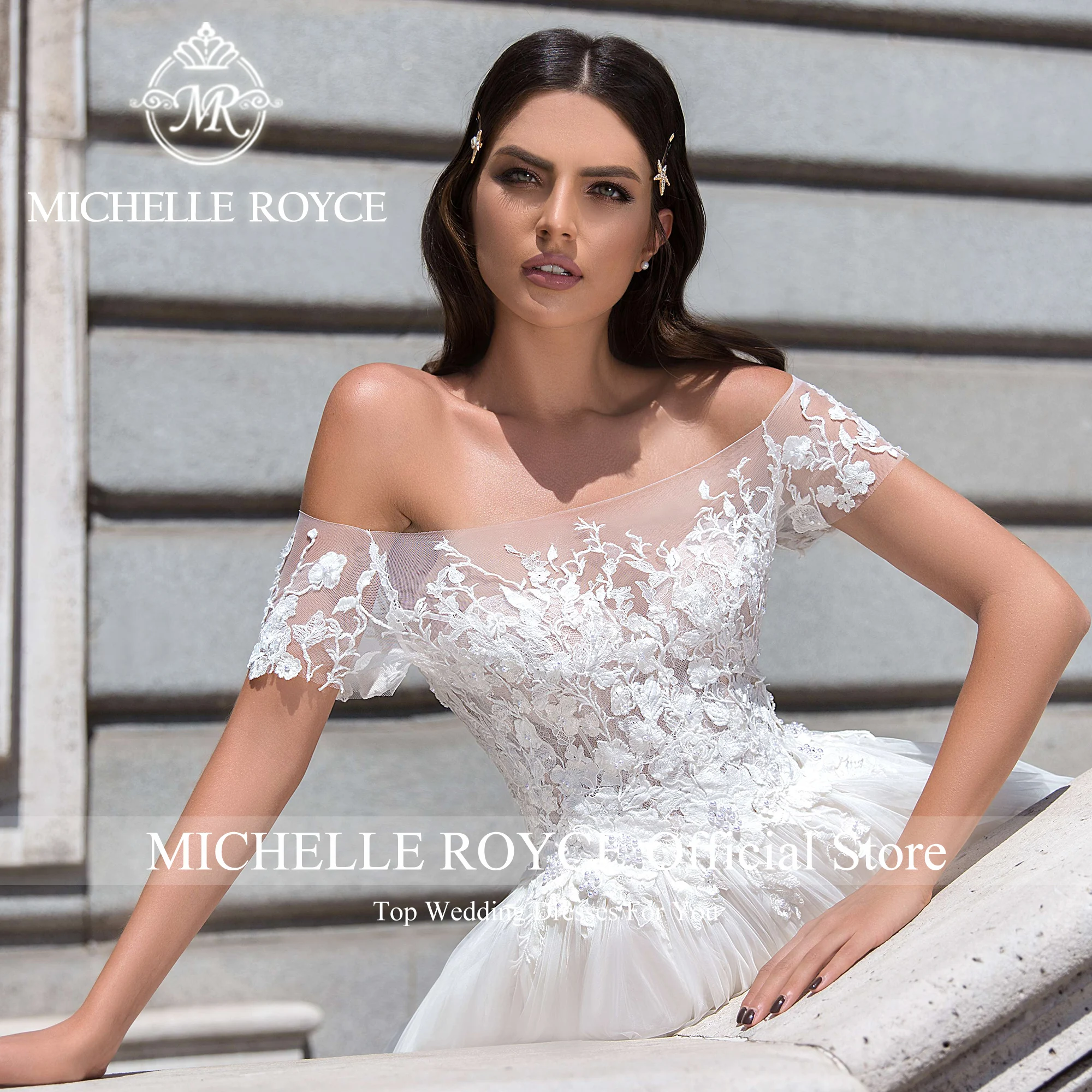 Michelle Royce-vestido De Novia De manga corta con cuello De barco para mujer, traje De boda con apliques, 2024