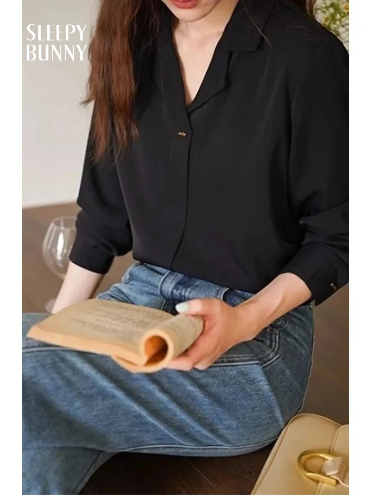 

Chic Draped Blazer Collar Shirt Elegant Loose Fit Blouse Top Soft Flowing Casual Office Long Sleeve Shirt Women Workwear Style