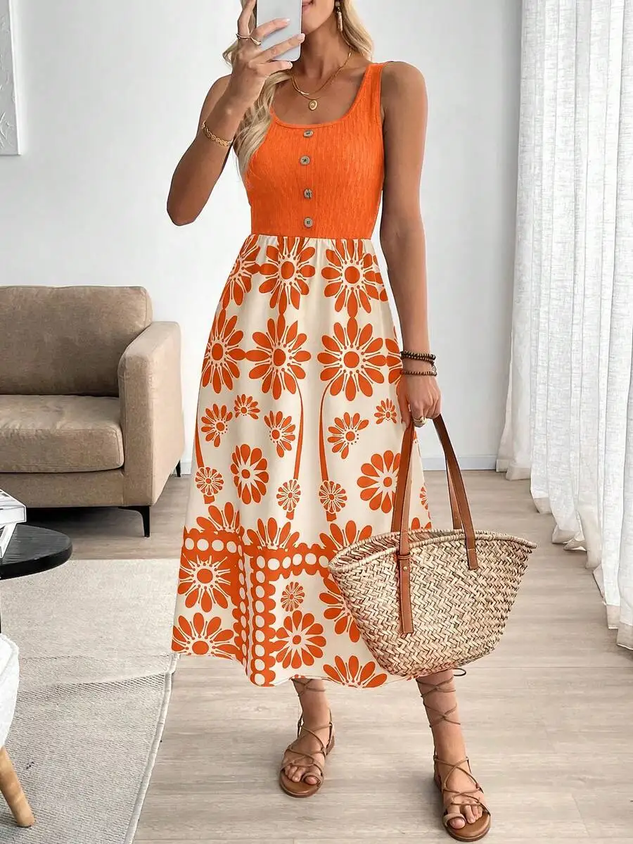 

Orange Floral Print Sleeveless Vacation Dress For Women