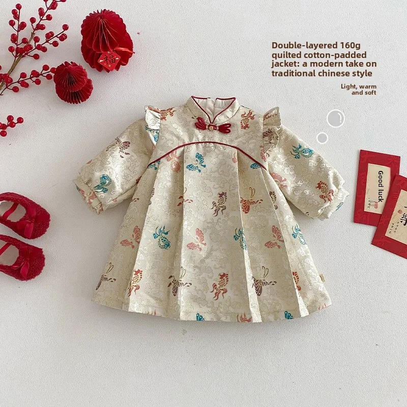 

Girls' Koi New Year's Clothing 2025 New Winter Baby Chinese Style Cotton Padded Thick Dress Children's Skirt