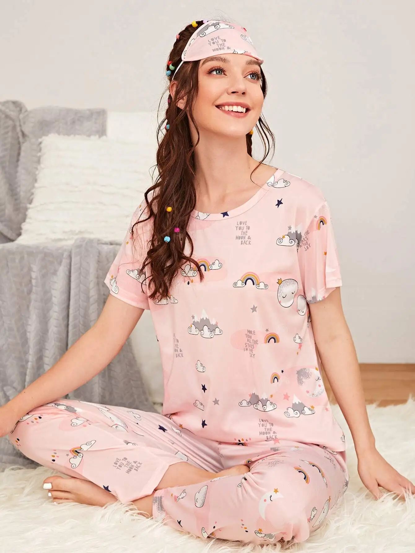 

Pink Short Sleeve Pajama Set with Cloud, Rainbow & Moon Print + Sleep Mask