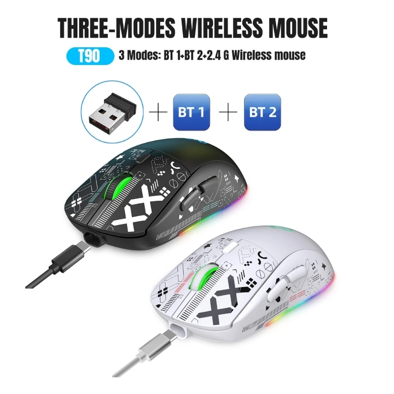 6-Key 2.4G- Wireless Mouse Tri-mode RGB Glowing 12 Lighting Bluetooth-compatible Game TypeC Charging Mouse Rechargeable