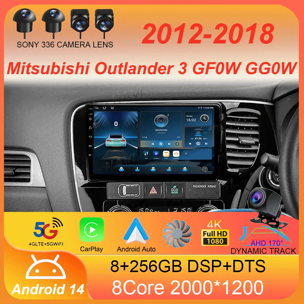 Car Radio Carplay For Mitsubishi Outlander 3 GF0W GG0W 2012 2013- 2018 Android 14 Navigation GPS Multimedia Player stereo WiF+4G