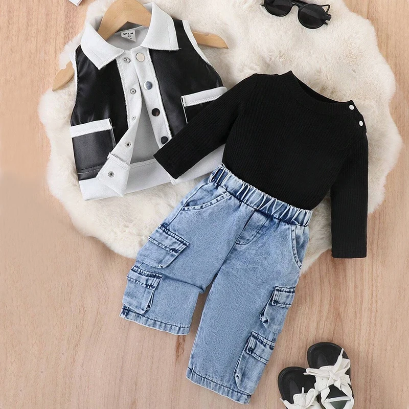 3Piece Spring Fall Girls Outfit Sets Korean Fashion PU Vest+Black Tops+Loose Jeans Baby Boutique Clothing Newborn Clothes BC297