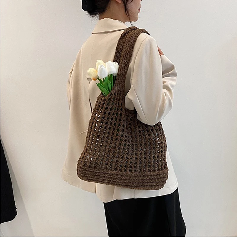 Vintage Hohl Design Gewebt Frauen Schulter Tasche Stricken Große Kapazität Handtaschen Sommer Reise Shopper Tote Für Damen Strand Taschen – Detail 5