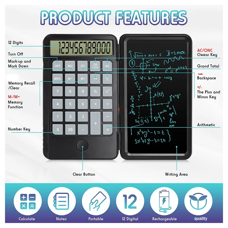 Calculator, 12-Digit Display With Erasable Writing Table, Hand Multi-Function Calculator For School Office