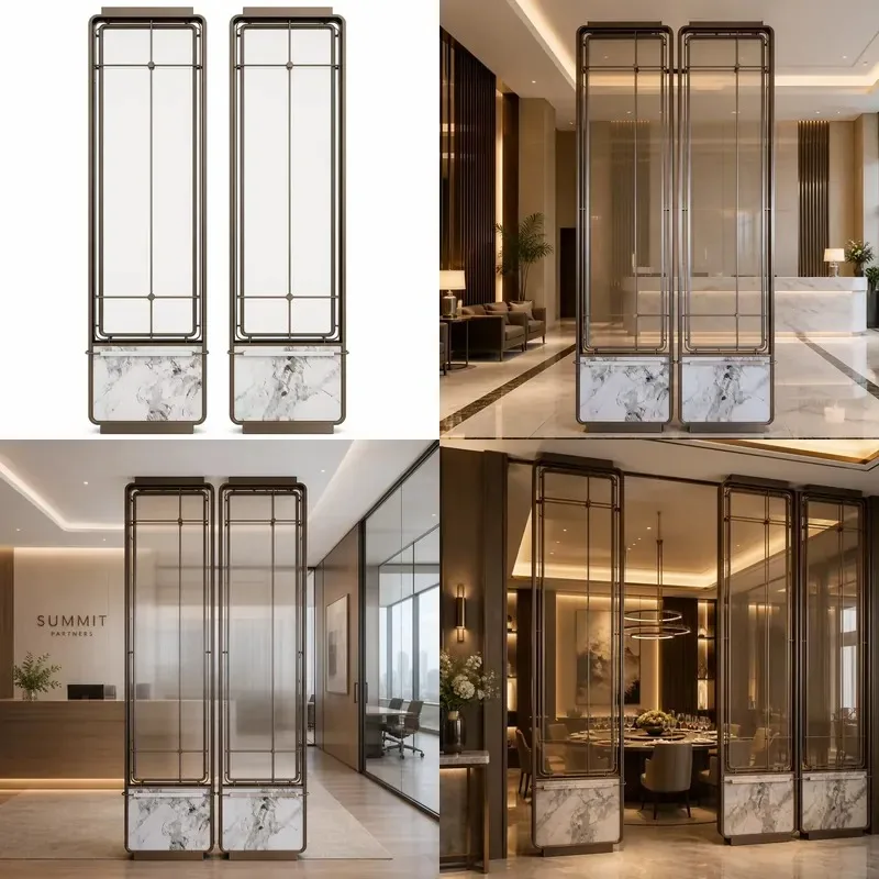 Luxury bronze marble glass screen room partition sliding baffle art deco style hotel office custom