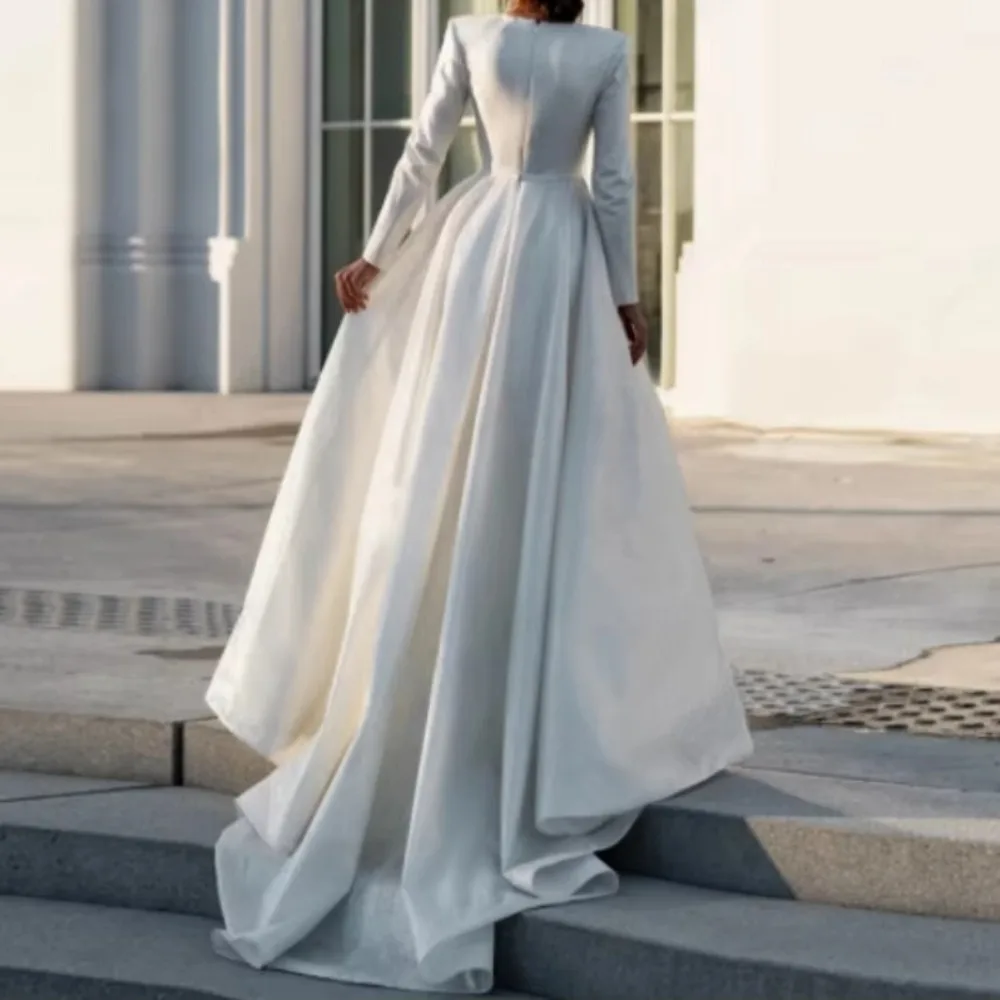 Customized Satin Long Sleeve Wedding Dress Deep V Neck A Line Ball Gown Elegant Simple Bridal Robe De Mariage Vestidos De Novia