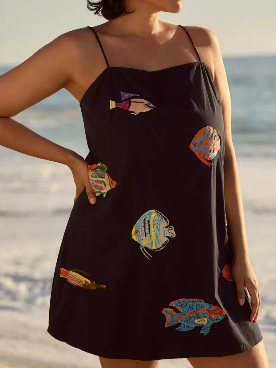 ผู้หญิง Sea Life ปักชุดมินิสปาเก็ตตี้พิมพ์สายสั้น Cami ชุดน่ารักพิมพ์สีสัน Beach Sundress