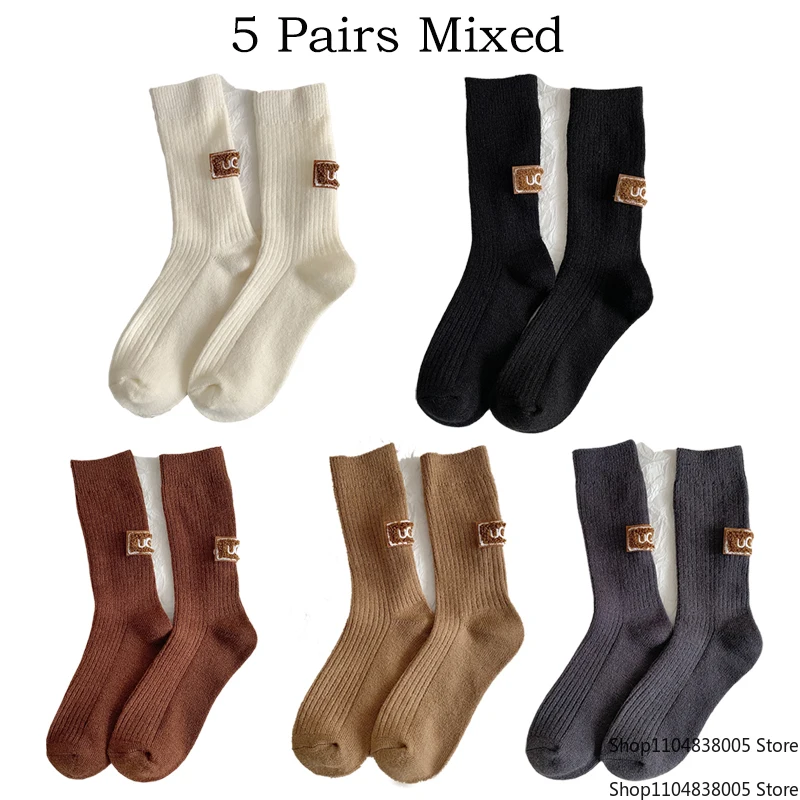 5/10 Pairs Socks Women Luxury Designer Cashmere Wool Sock Solid Warm Thick Pile Embroidered Logo Mid-Calf Female Snow Boot Socks